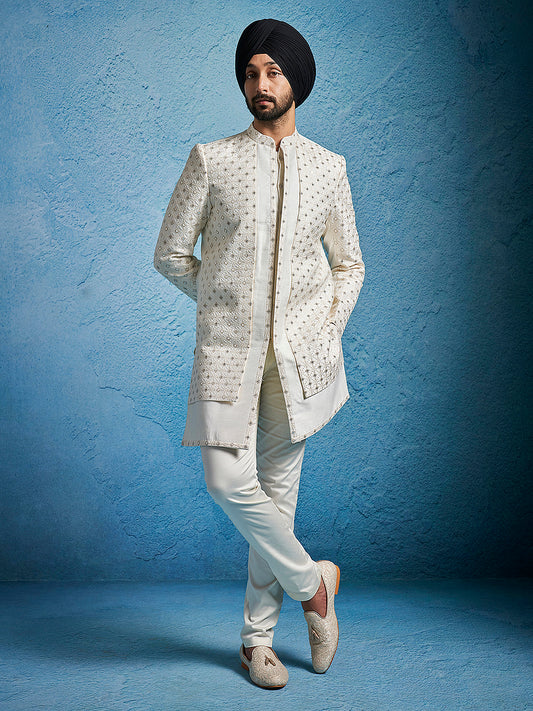 Men's Cream Silk Blend Straight Sherwani Set