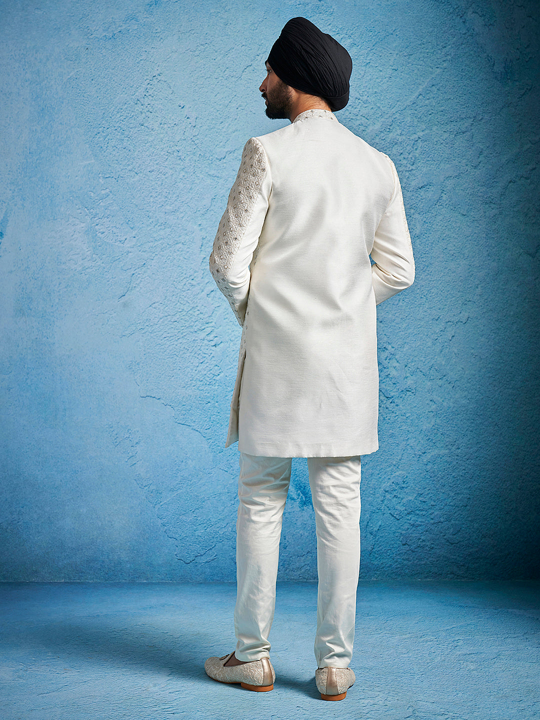 Men's Cream Silk Blend Straight Sherwani Set