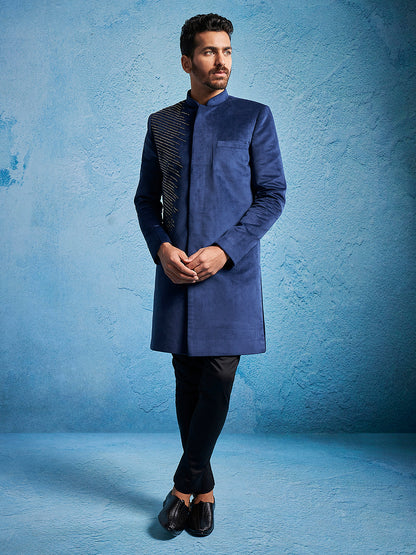 Men's Navy Blue Velvet Straight Sherwani Set
