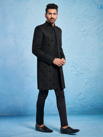 Men's Black Velvet Straight Sherwani Set
