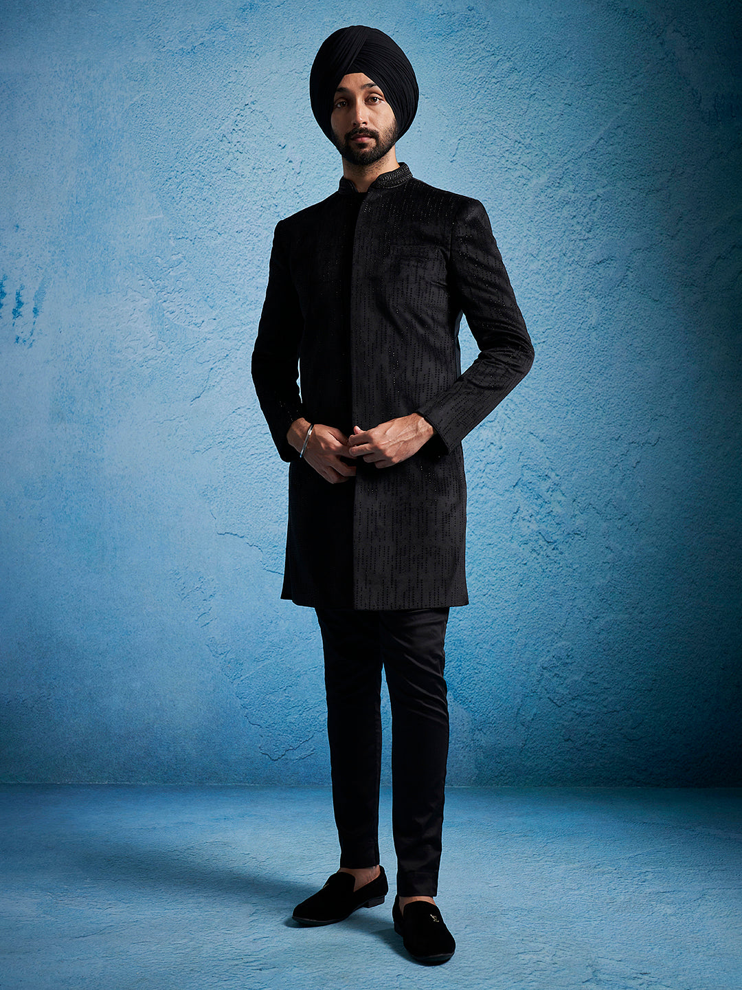 Men's Black Velvet Straight Sherwani Set