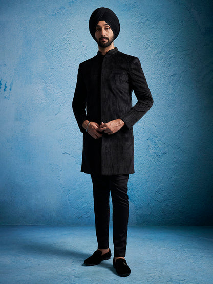 Men's Black Velvet Straight Sherwani Set
