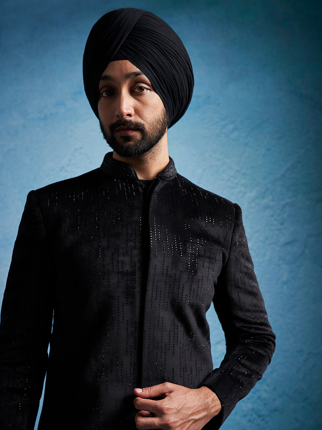 Men's Black Velvet Straight Sherwani Set