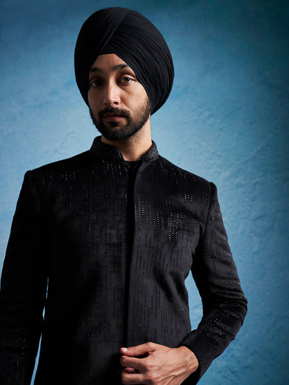 Men's Black Velvet Straight Sherwani Set