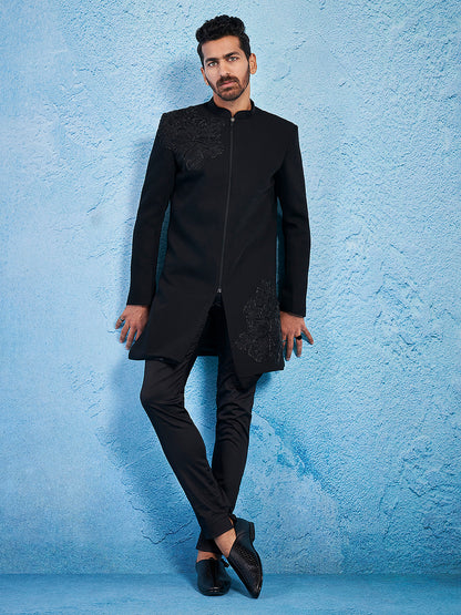 Men's Black Imported Suiting Lycra Straight Sherwani Set