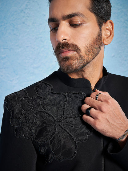 Men's Black Imported Suiting Lycra Straight Sherwani Set