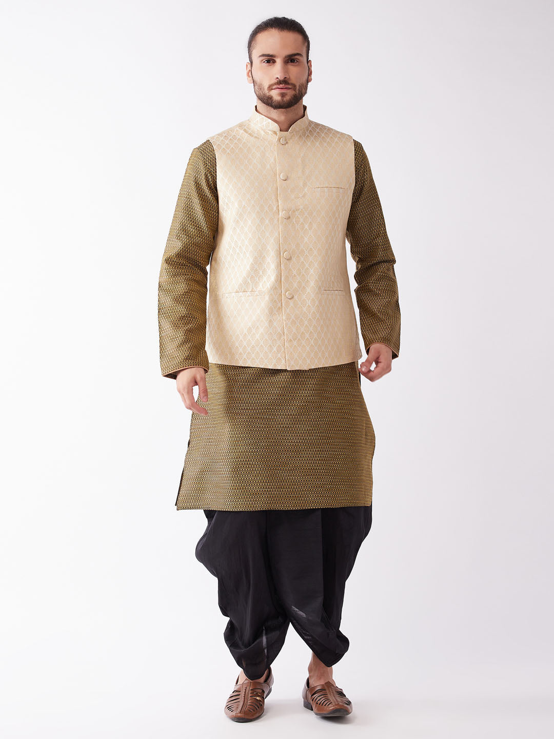 Men's Black Silk Blend Straight Jacket  Kurta and Dhoti Set