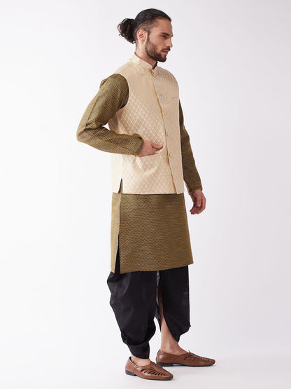 Men's Black Silk Blend Straight Jacket  Kurta and Dhoti Set