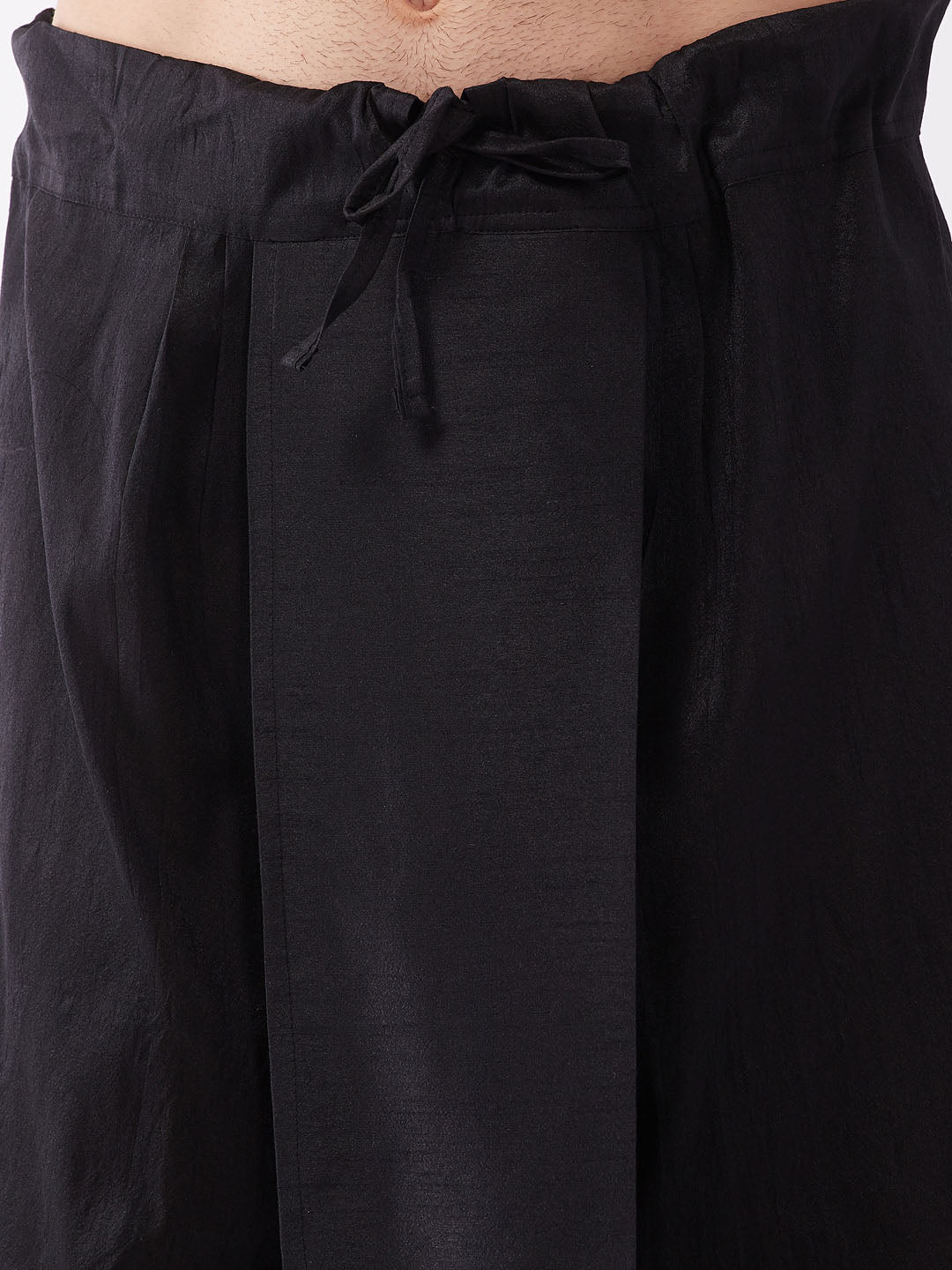 Men's Black Silk Blend Straight Jacket  Kurta and Dhoti Set