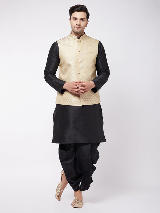 Men's Black Silk Blend Straight Jacket  Kurta and Dhoti Set