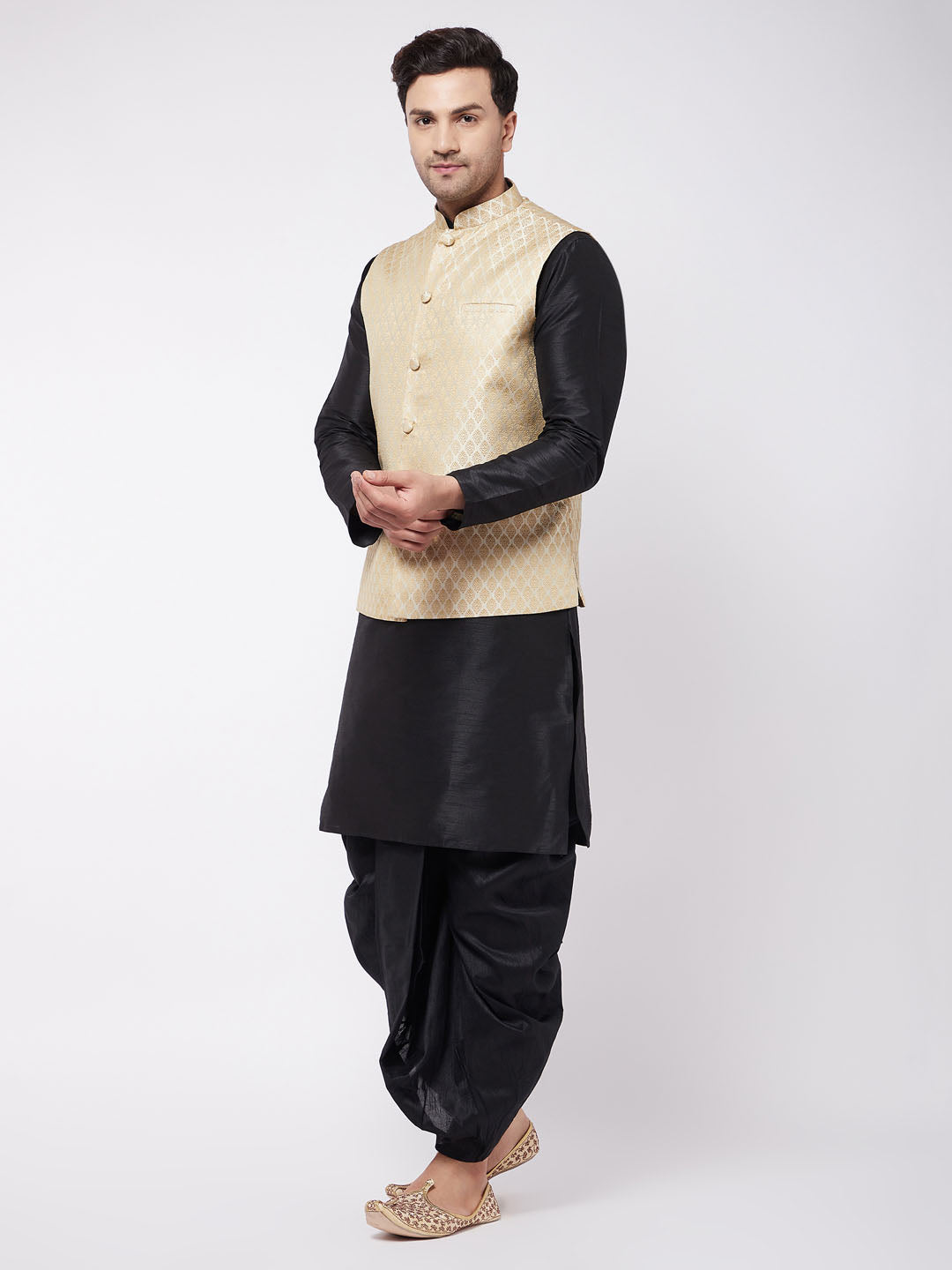 Men's Black Silk Blend Straight Jacket  Kurta and Dhoti Set