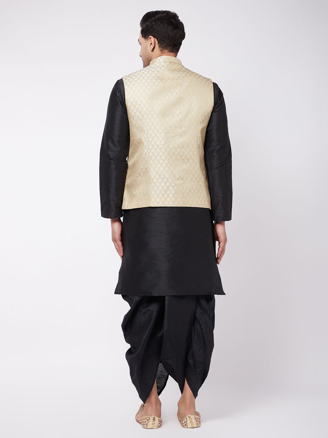 Men's Black Silk Blend Straight Jacket  Kurta and Dhoti Set