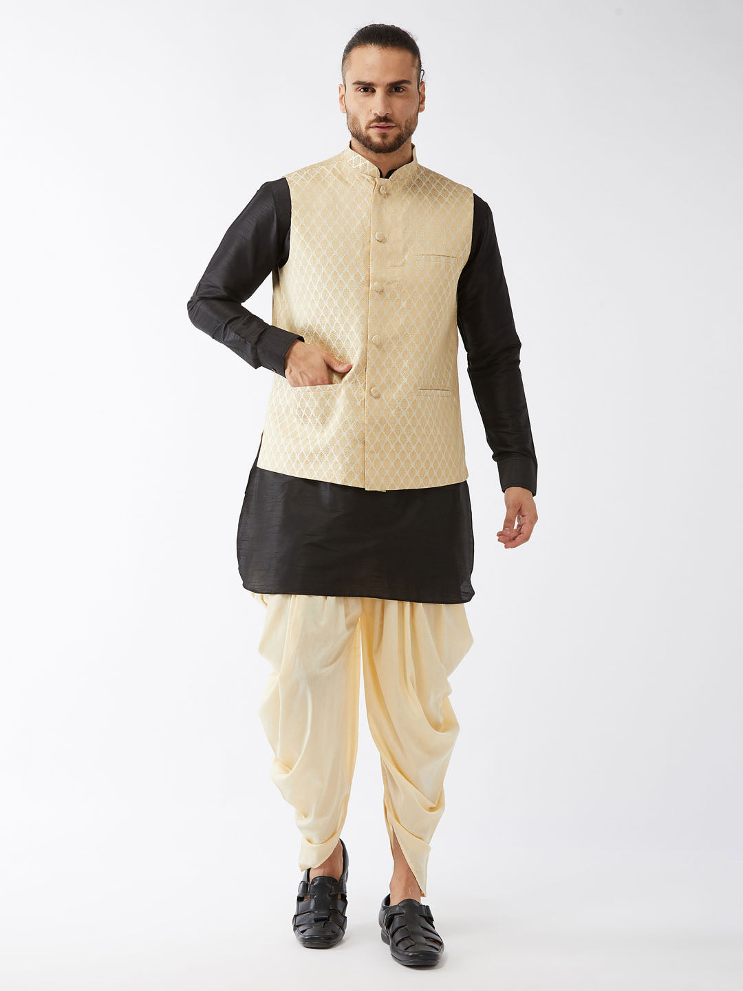 Men's Black Silk Blend Straight Jacket  Kurta and Dhoti Set
