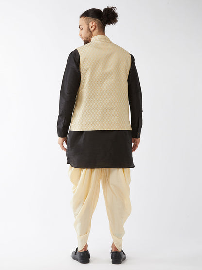Men's Black Silk Blend Straight Jacket  Kurta and Dhoti Set
