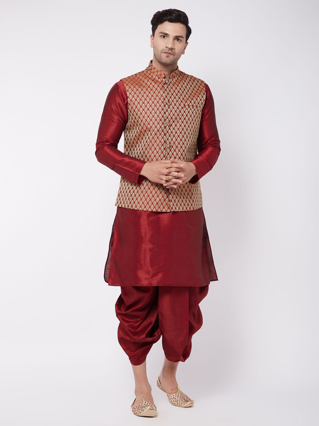 Men's Maroon Silk Blend Straight Jacket  Kurta and Dhoti Set