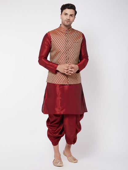 Men's Maroon Silk Blend Straight Jacket  Kurta and Dhoti Set