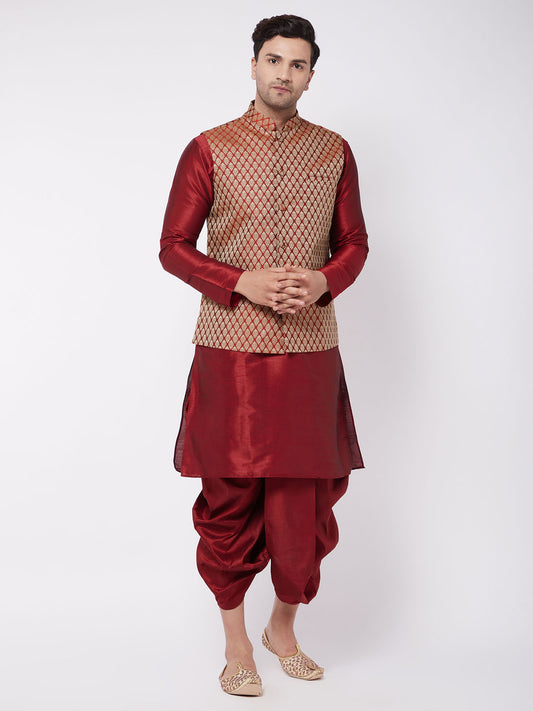 Men's Maroon Silk Blend Straight Jacket  Kurta and Dhoti Set