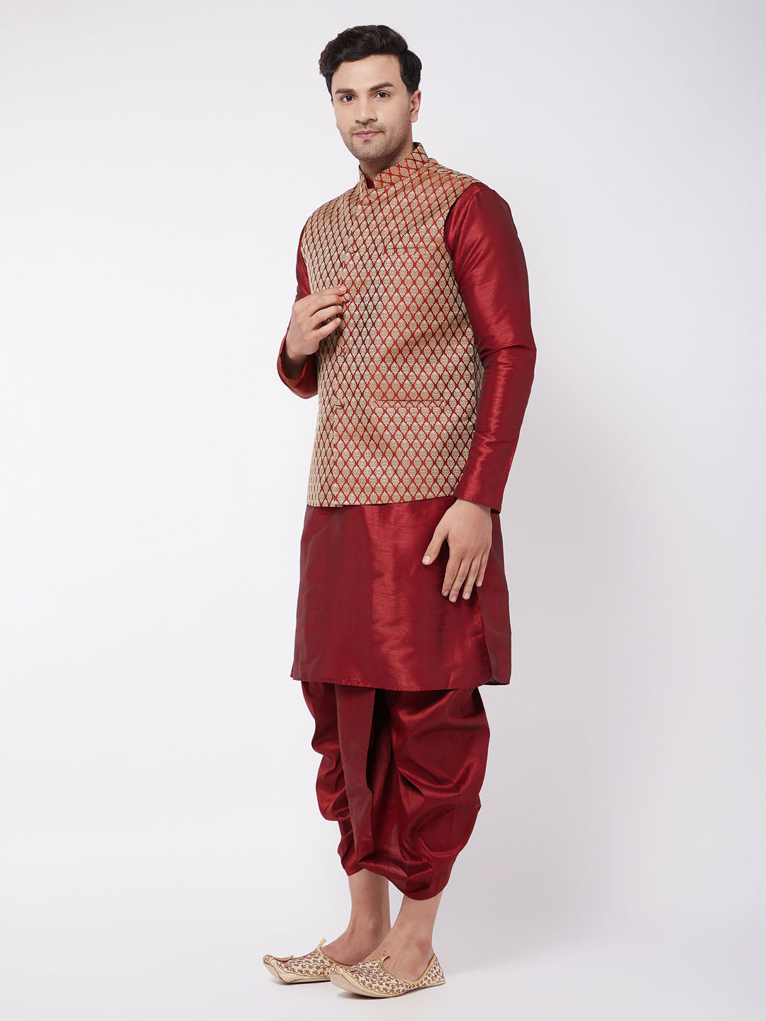 Men's Maroon Silk Blend Straight Jacket  Kurta and Dhoti Set