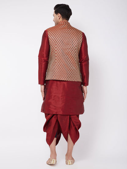 Men's Maroon Silk Blend Straight Jacket  Kurta and Dhoti Set