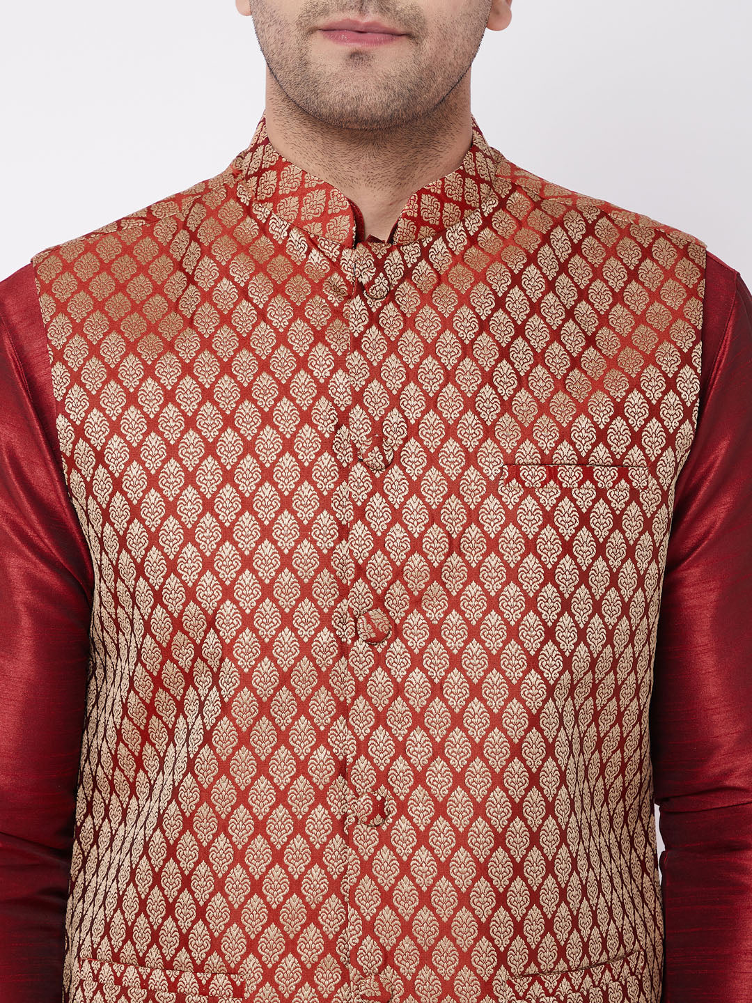 Men's Maroon Silk Blend Straight Jacket  Kurta and Dhoti Set