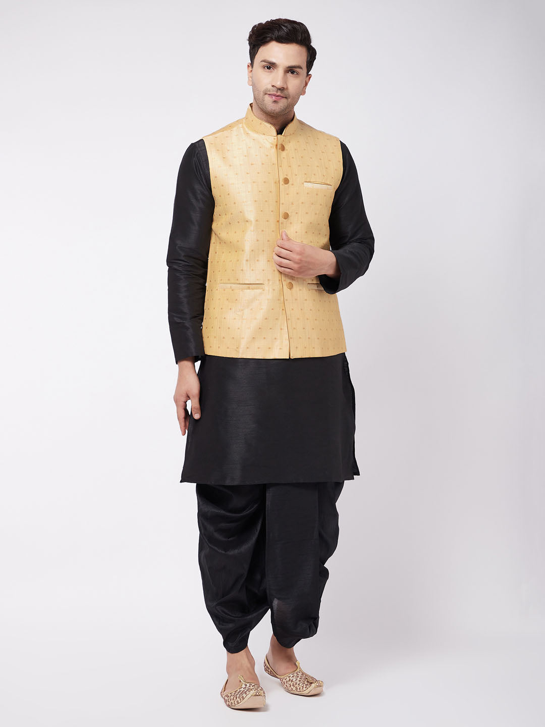 Men's Black Silk Blend Straight Jacket  Kurta and Dhoti Set