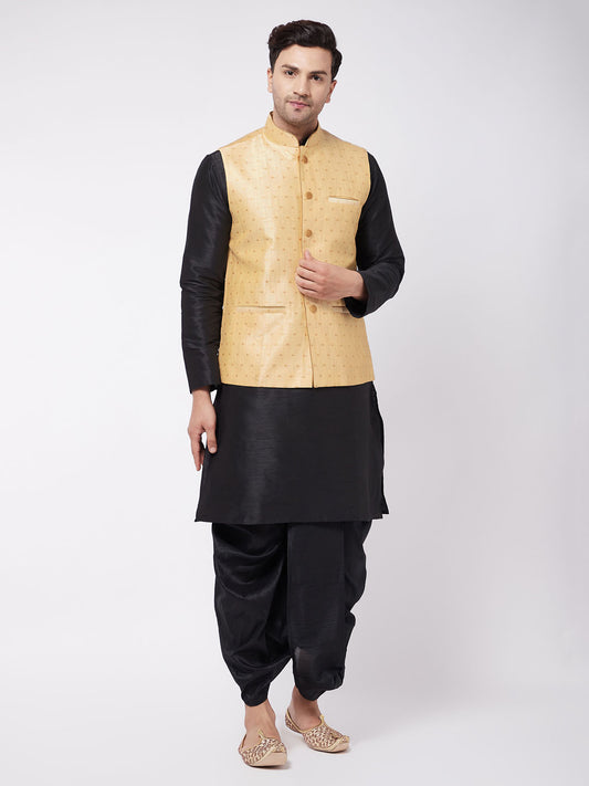 Men's Black Silk Blend Straight Jacket  Kurta and Dhoti Set