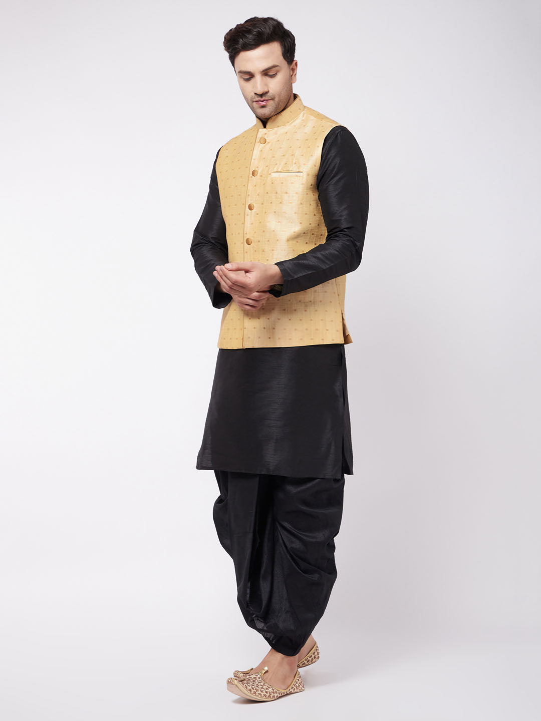 Men's Black Silk Blend Straight Jacket  Kurta and Dhoti Set