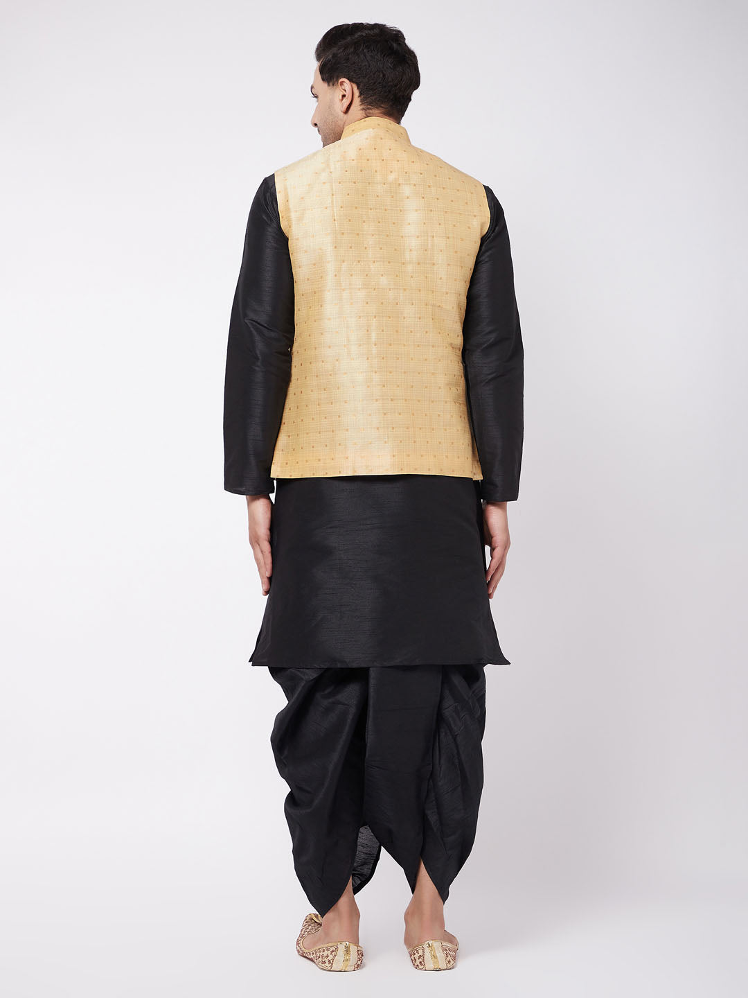 Men's Black Silk Blend Straight Jacket  Kurta and Dhoti Set