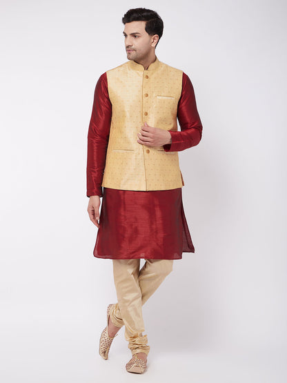 Men's Maroon Silk Blend Straight Jacket  Kurta and Pyjama Set