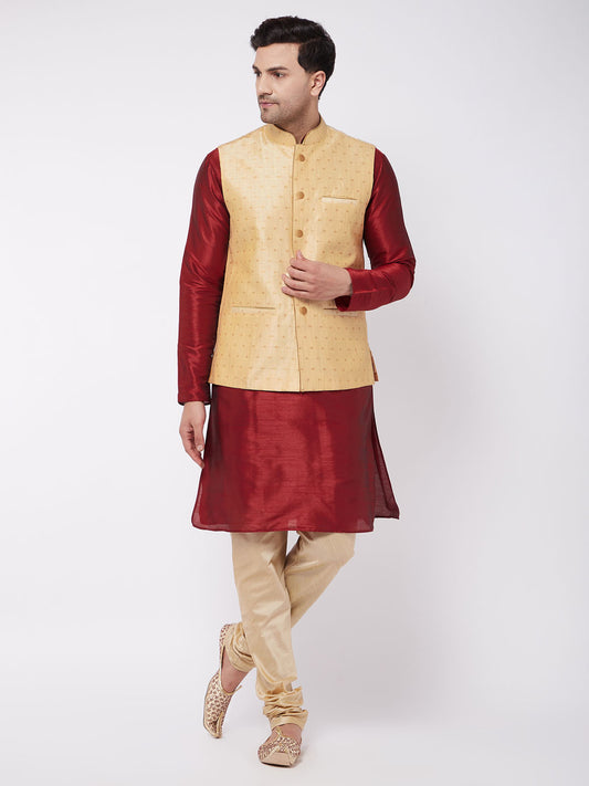 Men's Maroon Silk Blend Straight Jacket  Kurta and Pyjama Set