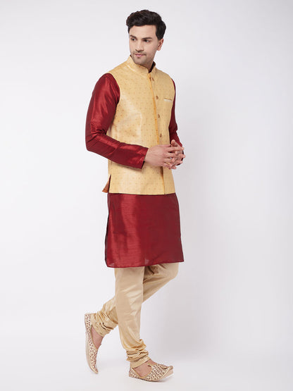 Men's Maroon Silk Blend Straight Jacket  Kurta and Pyjama Set