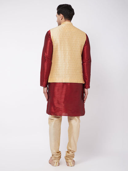 Men's Maroon Silk Blend Straight Jacket  Kurta and Pyjama Set