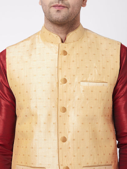 Men's Maroon Silk Blend Straight Jacket  Kurta and Pyjama Set