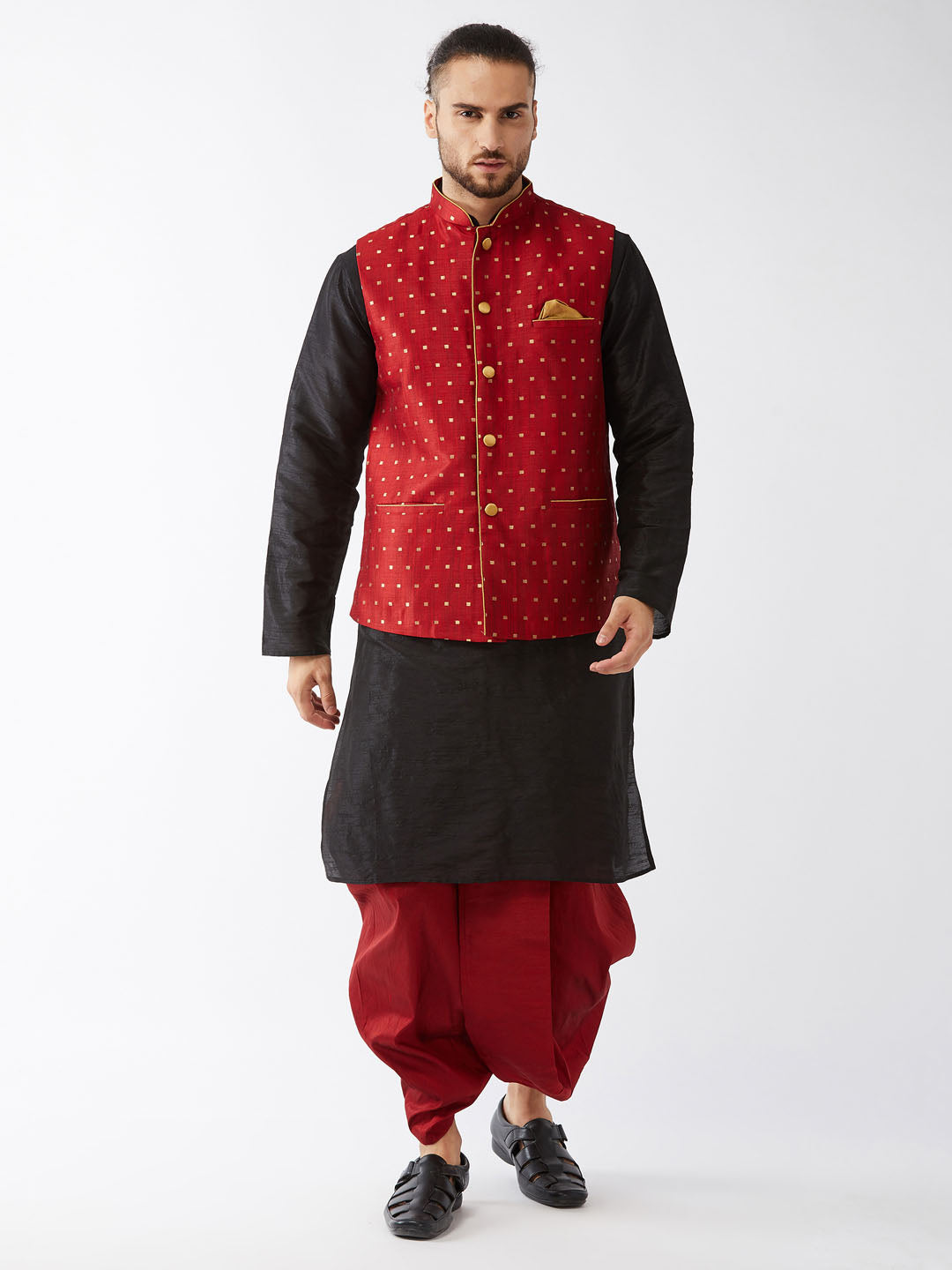 Men's Black Silk Blend Straight Jacket  Kurta and Dhoti Set