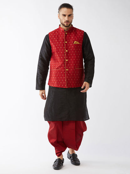 Men's Black Silk Blend Straight Jacket  Kurta and Dhoti Set