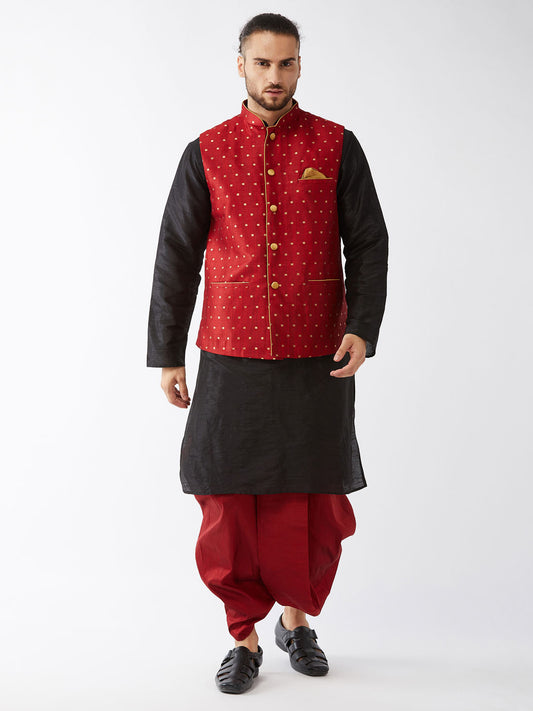 Men's Black Silk Blend Straight Jacket  Kurta and Dhoti Set