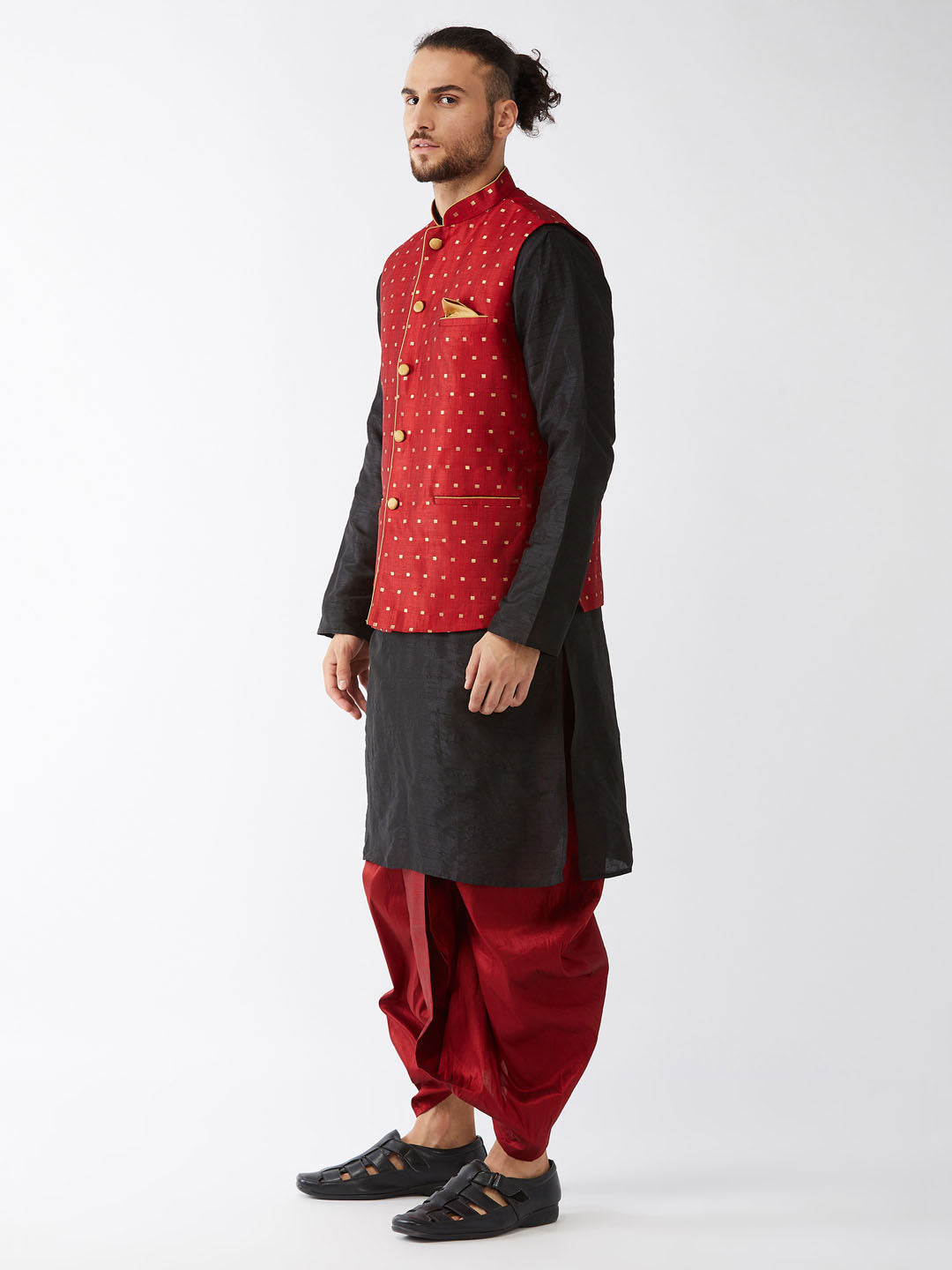 Men's Black Silk Blend Straight Jacket  Kurta and Dhoti Set