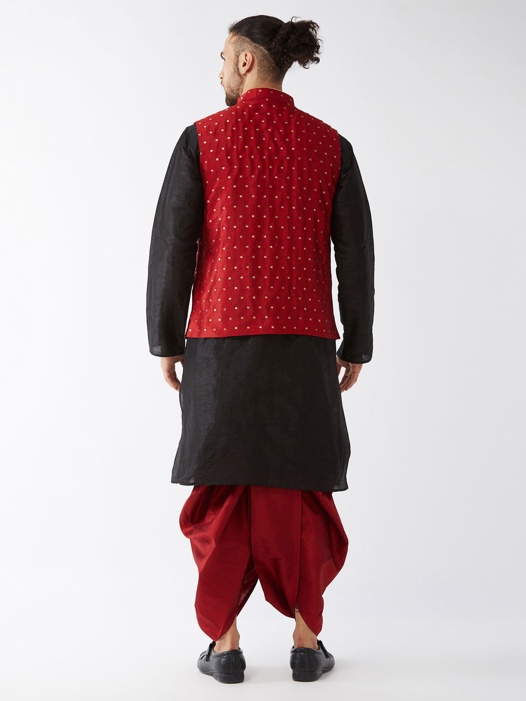 Men's Black Silk Blend Straight Jacket  Kurta and Dhoti Set