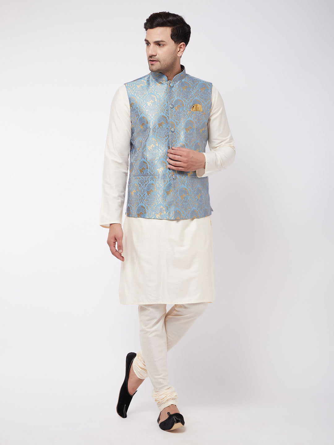 Men's Cream Viscose Straight Jacket  Kurta and Pyjama Set