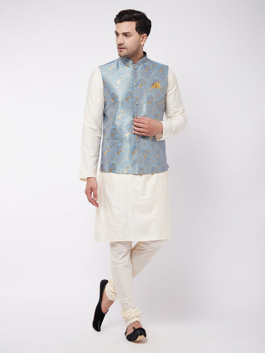 Men's Cream Viscose Straight Jacket  Kurta and Pyjama Set