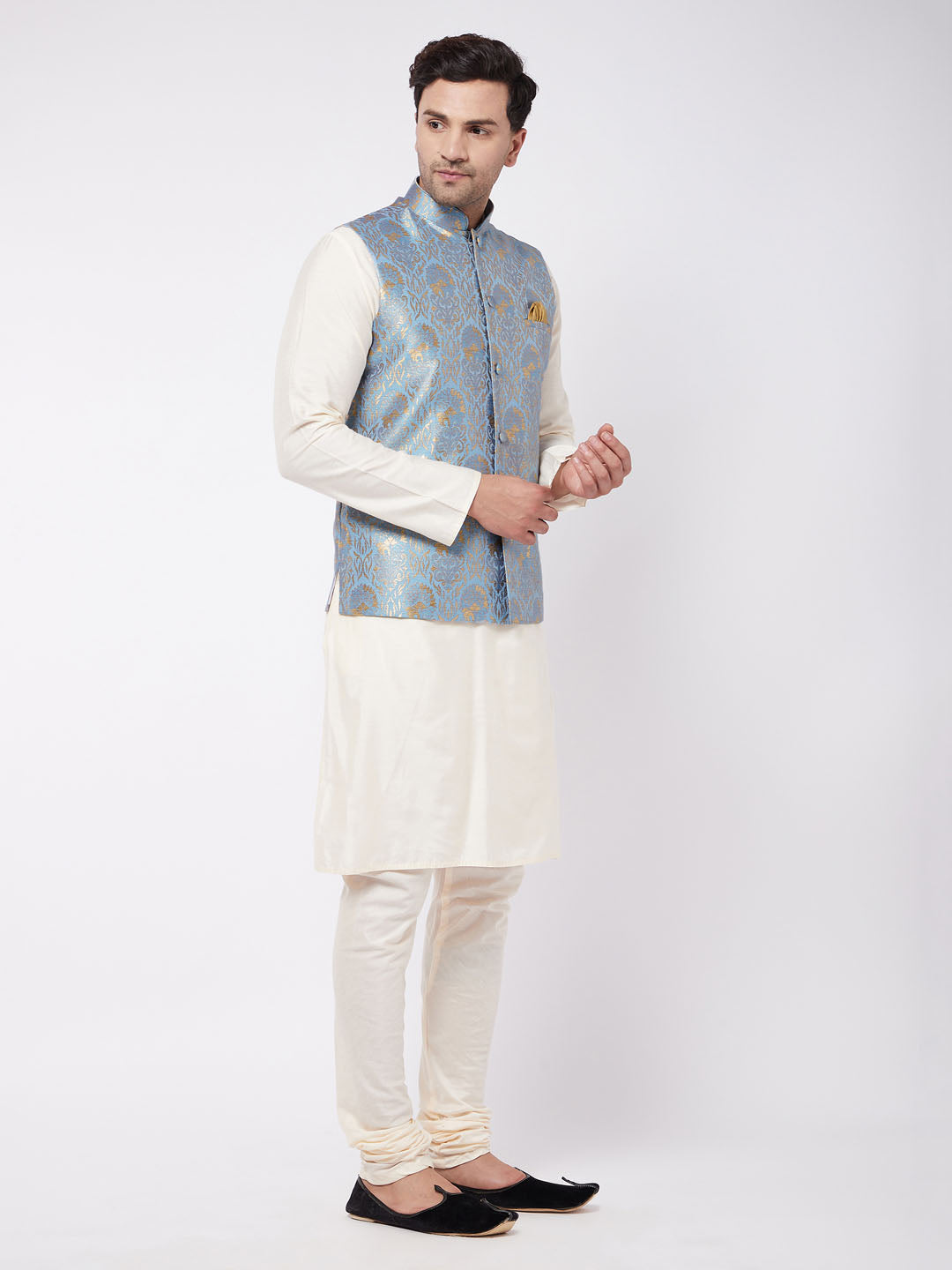 Men's Cream Viscose Straight Jacket  Kurta and Pyjama Set