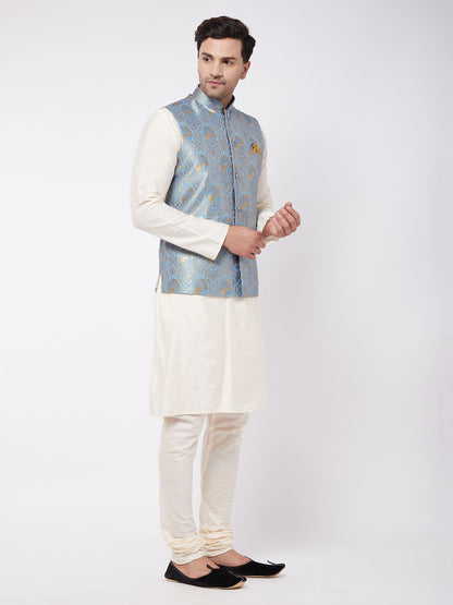 Men's Cream Viscose Straight Jacket  Kurta and Pyjama Set