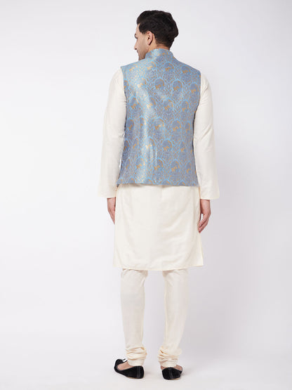 Men's Cream Viscose Straight Jacket  Kurta and Pyjama Set