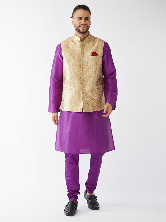 Men's Purple Silk Blend Straight Jacket  Kurta and Pyjama Set