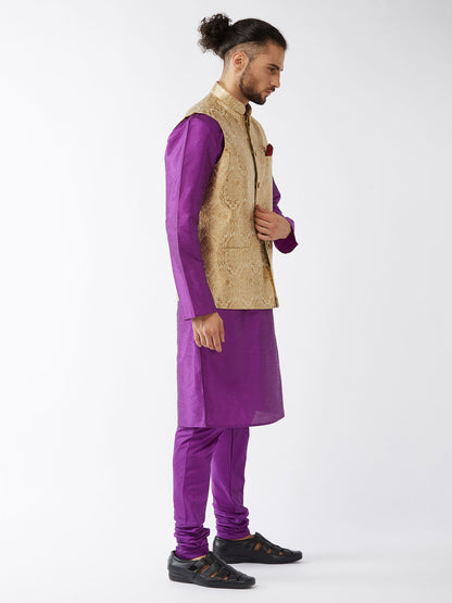 Men's Purple Silk Blend Straight Jacket  Kurta and Pyjama Set
