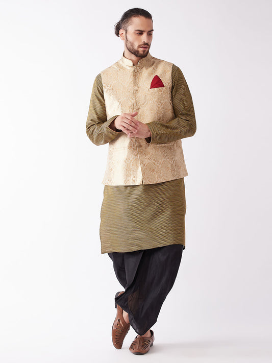 Men's Black Silk Blend Straight Jacket  Kurta and Dhoti Set