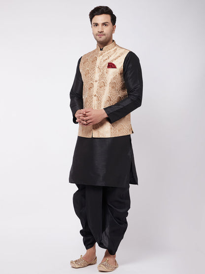 Men's Black Silk Blend Straight Jacket  Kurta and Dhoti Set
