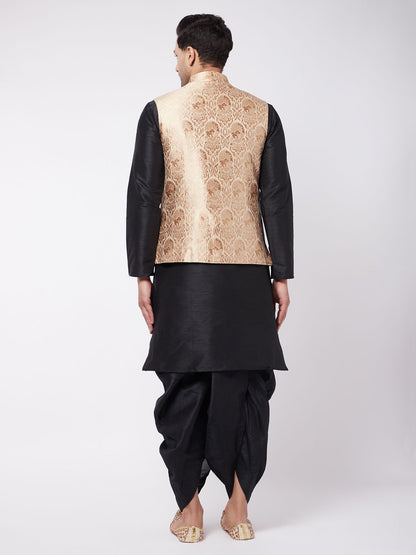 Men's Black Silk Blend Straight Jacket  Kurta and Dhoti Set