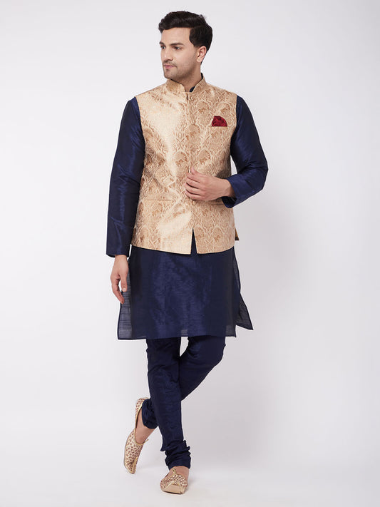 Men's Navy Blue Silk Blend Straight Jacket  Kurta and Pyjama Set