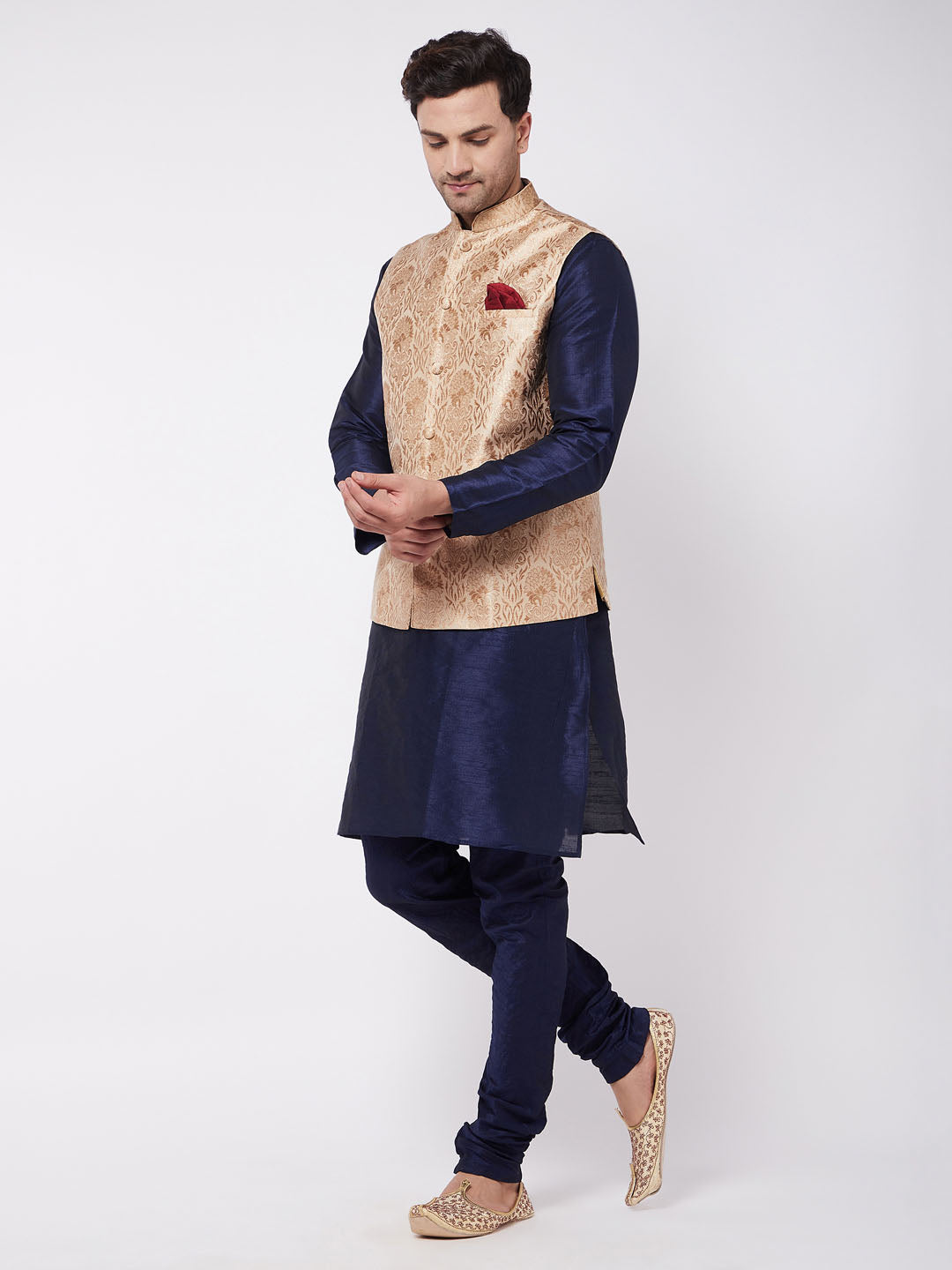 Men's Navy Blue Silk Blend Straight Jacket  Kurta and Pyjama Set